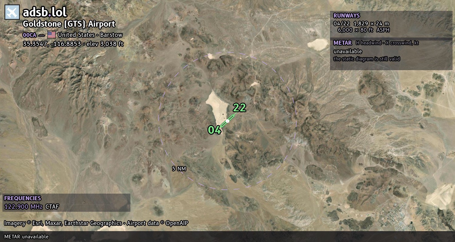 Satellite map with the runway layout of Goldstone (GTS) Airport (00CA)