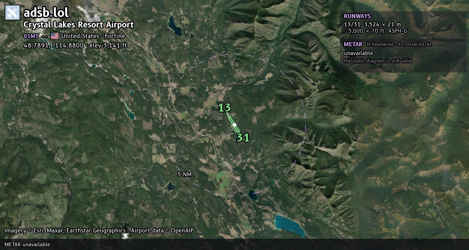 Satellite map with the runway layout of Crystal Lakes Resort Airport (01MT)