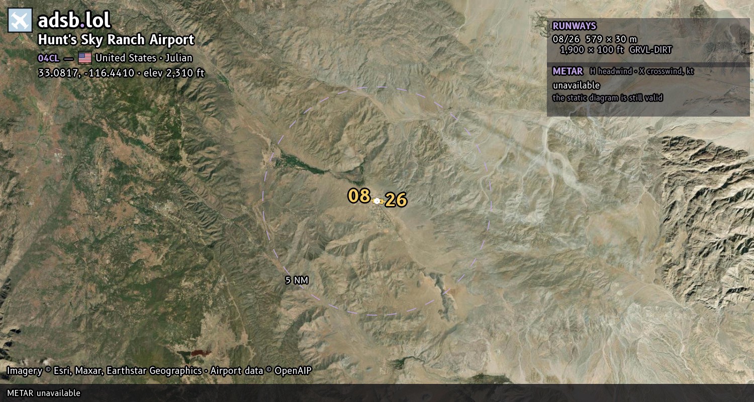 Satellite map with the runway layout of Hunt's Sky Ranch Airport (04CL)