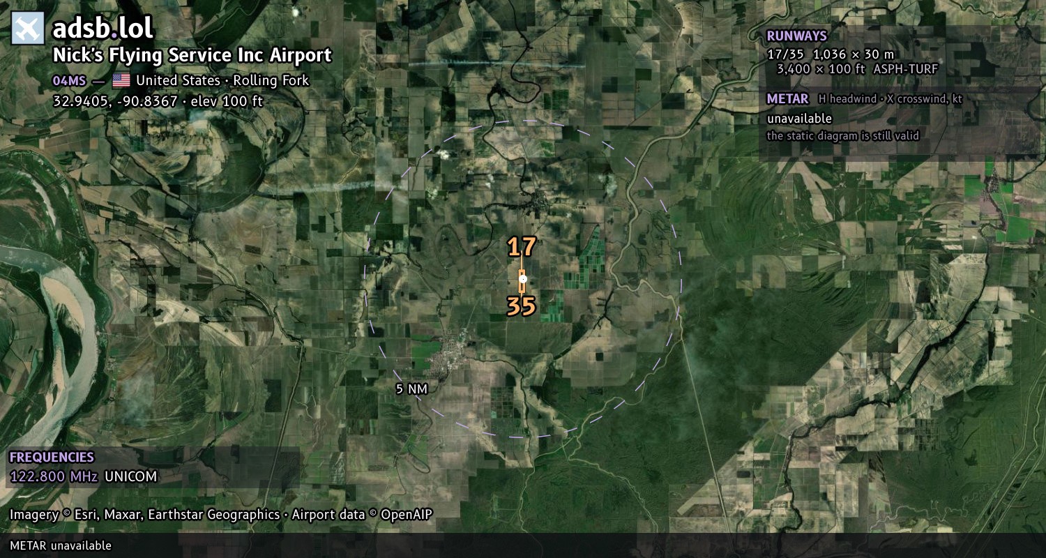 Satellite map with the runway layout of Nick's Flying Service Inc Airport (04MS)