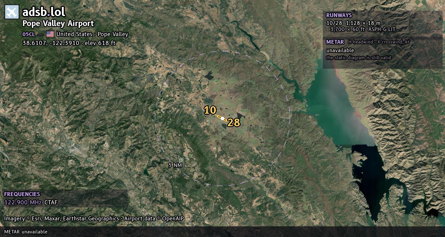 Satellite map with the runway layout of Pope Valley Airport (05CL)