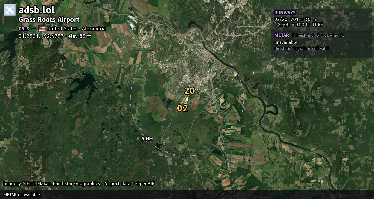 Satellite map with the runway layout of Grass Roots Airport (05LS)