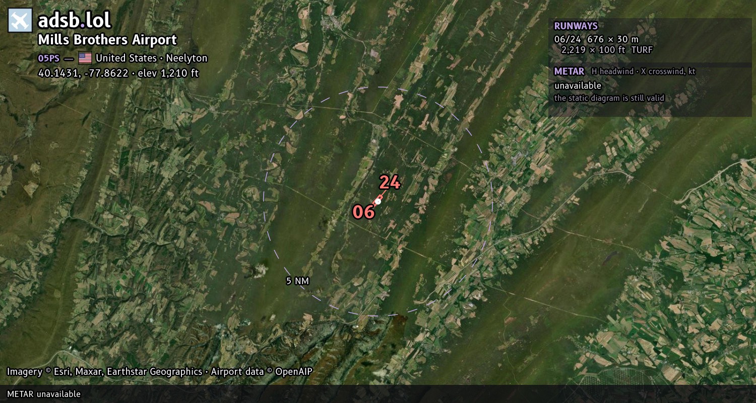 Satellite map with the runway layout of Mills Brothers Airport (05PS)