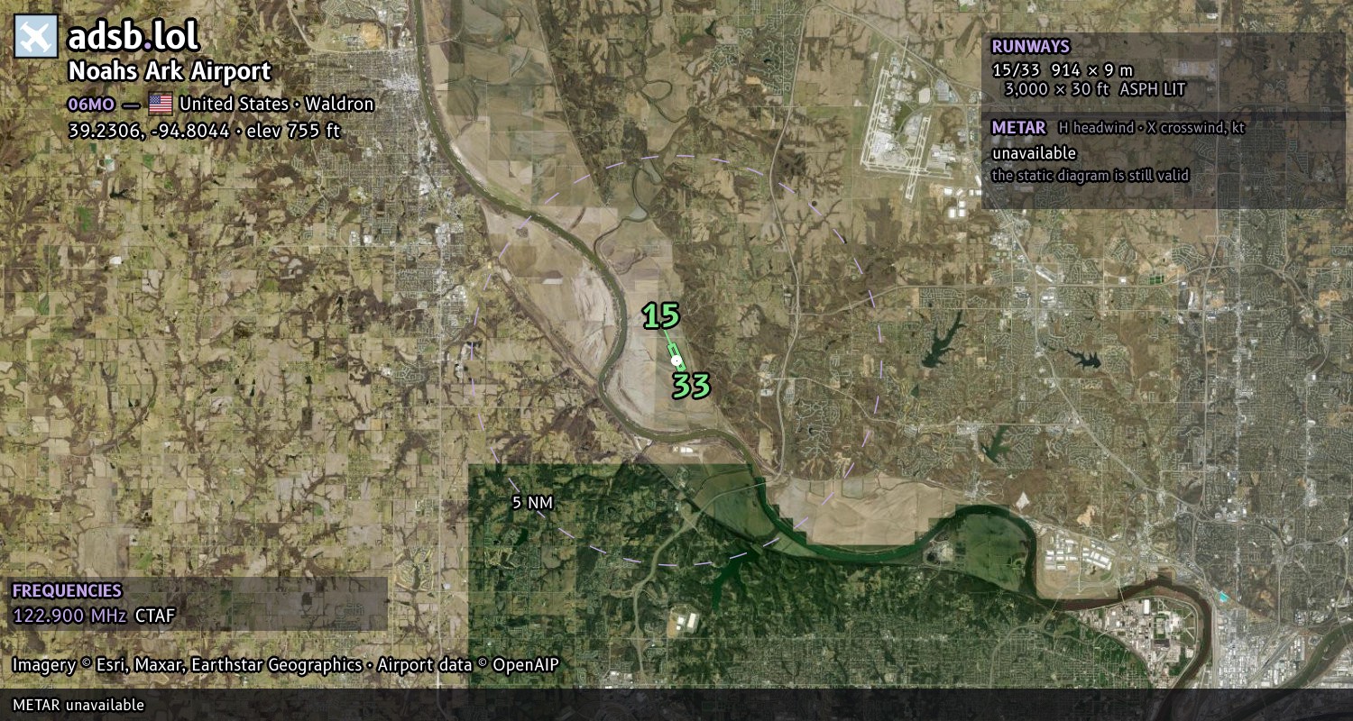 Satellite map with the runway layout of Noahs Ark Airport (06MO)