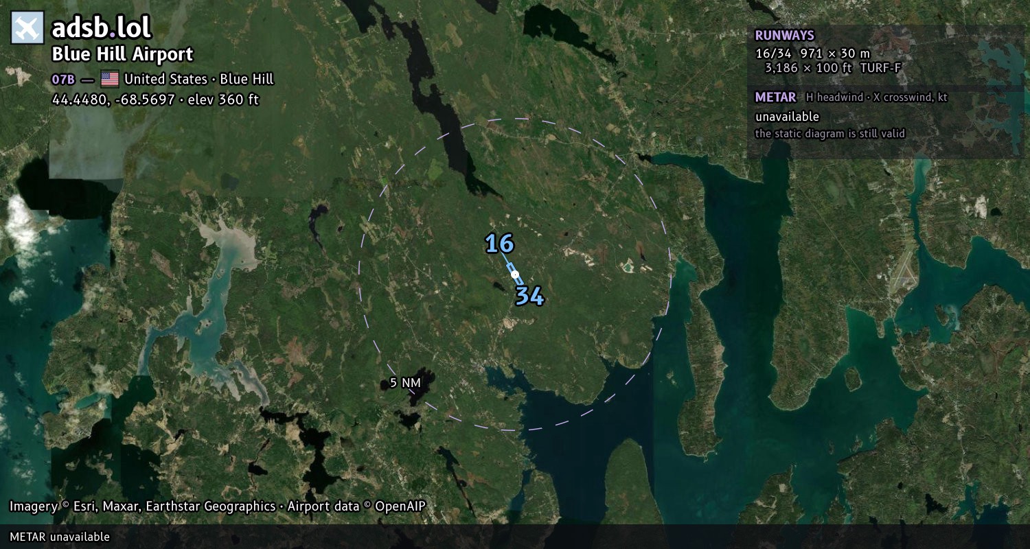 Satellite map with the runway layout of Blue Hill Airport (07B)