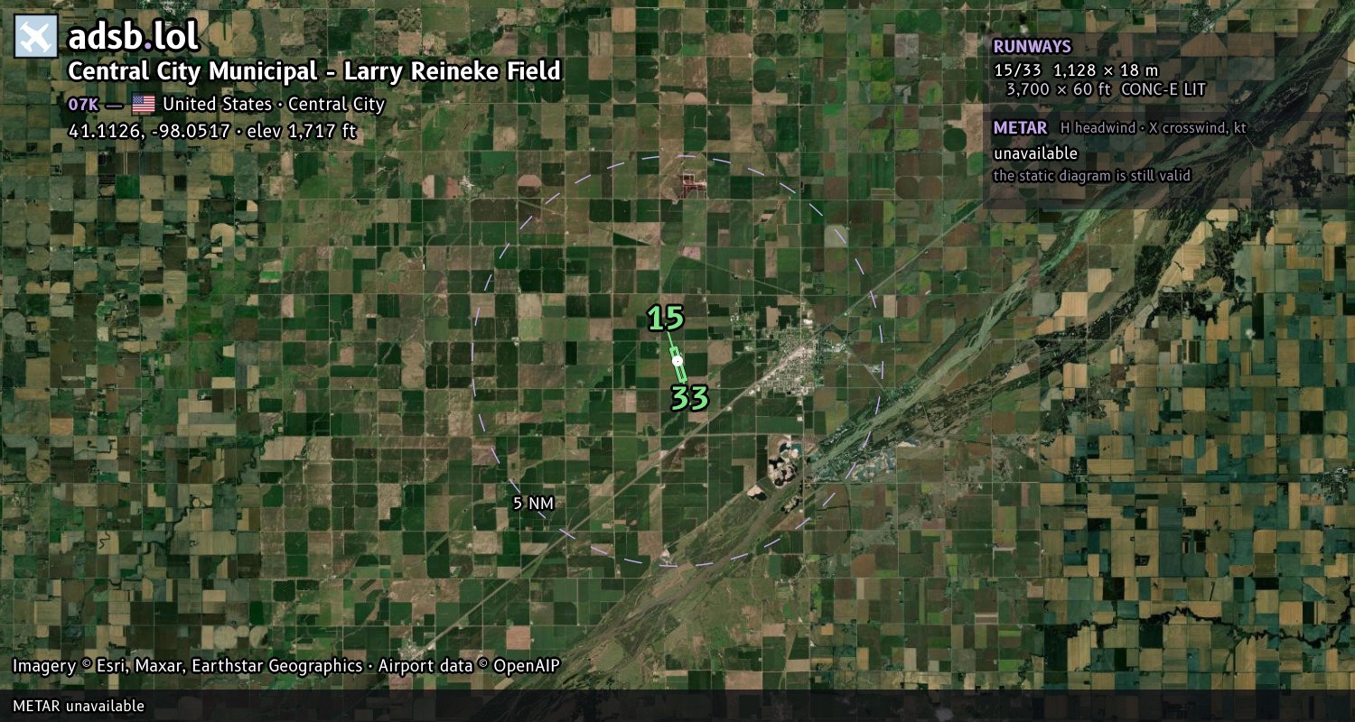 Satellite map with the runway layout of Central City Municipal - Larry Reineke Field (07K)