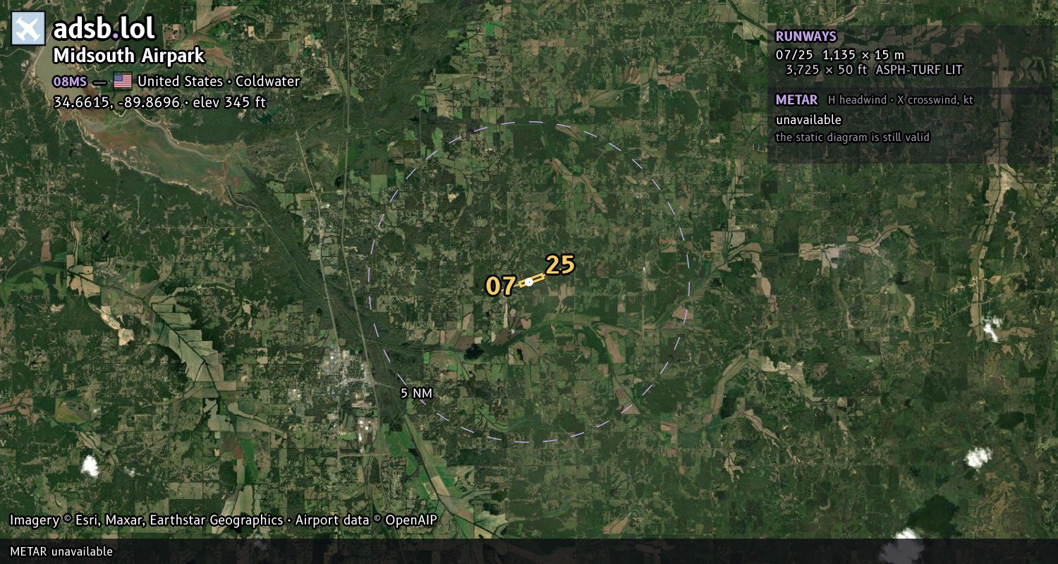 Satellite map with the runway layout of Midsouth Airpark (08MS)