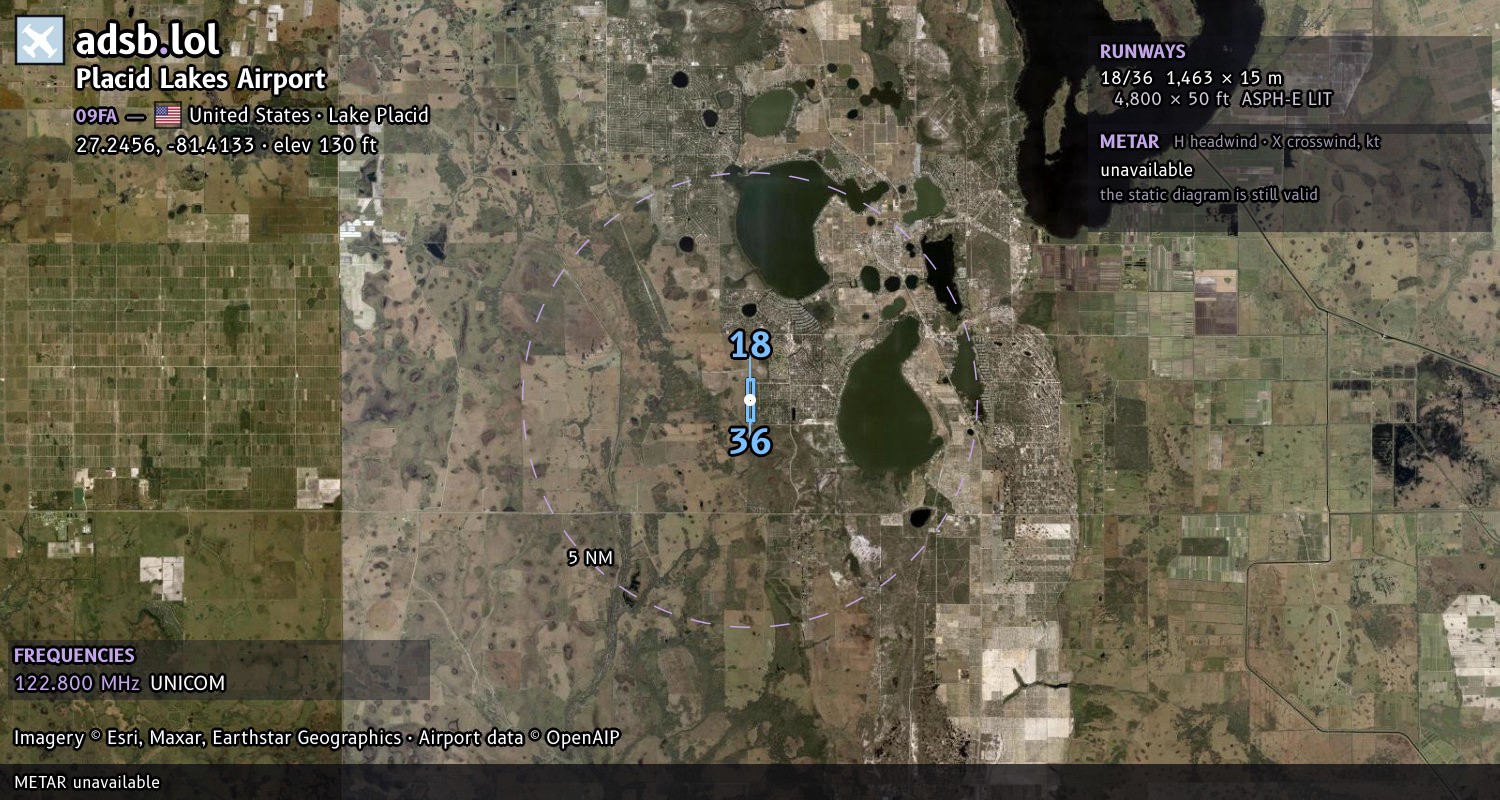 Satellite map with the runway layout of Placid Lakes Airport (09FA)