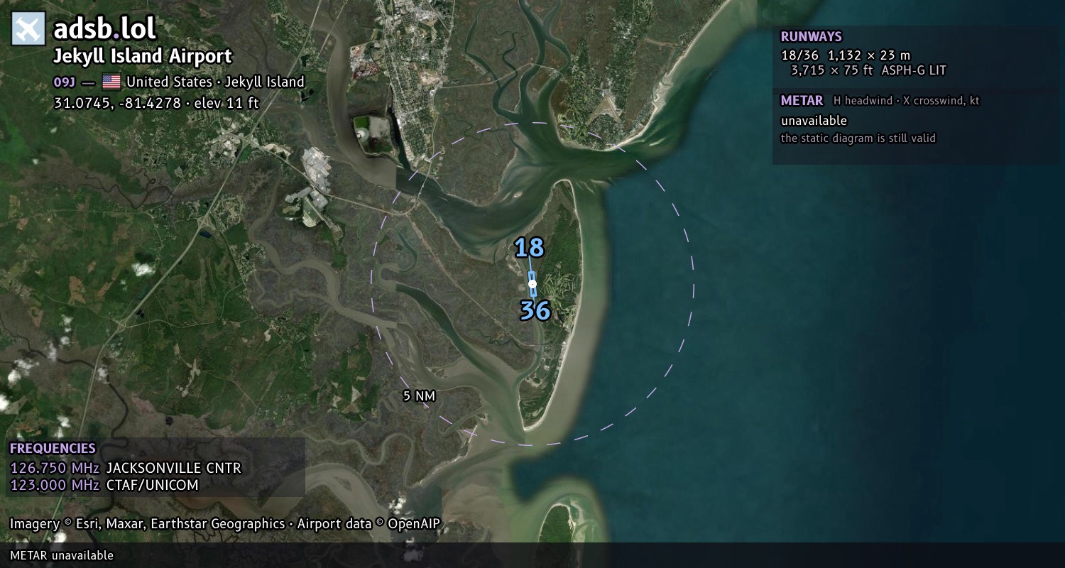 Satellite map with the runway layout of Jekyll Island Airport (09J)