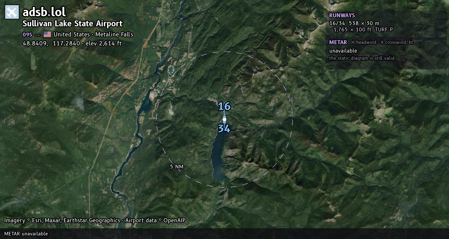 Satellite map with the runway layout of Sullivan Lake State Airport (09S)