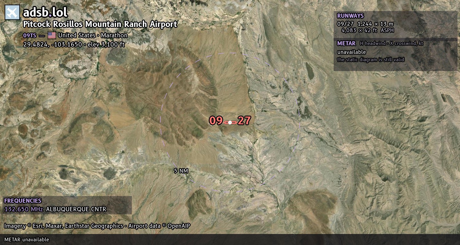 Satellite map with the runway layout of Pitcock Rosillos Mountain Ranch Airport (09TS)