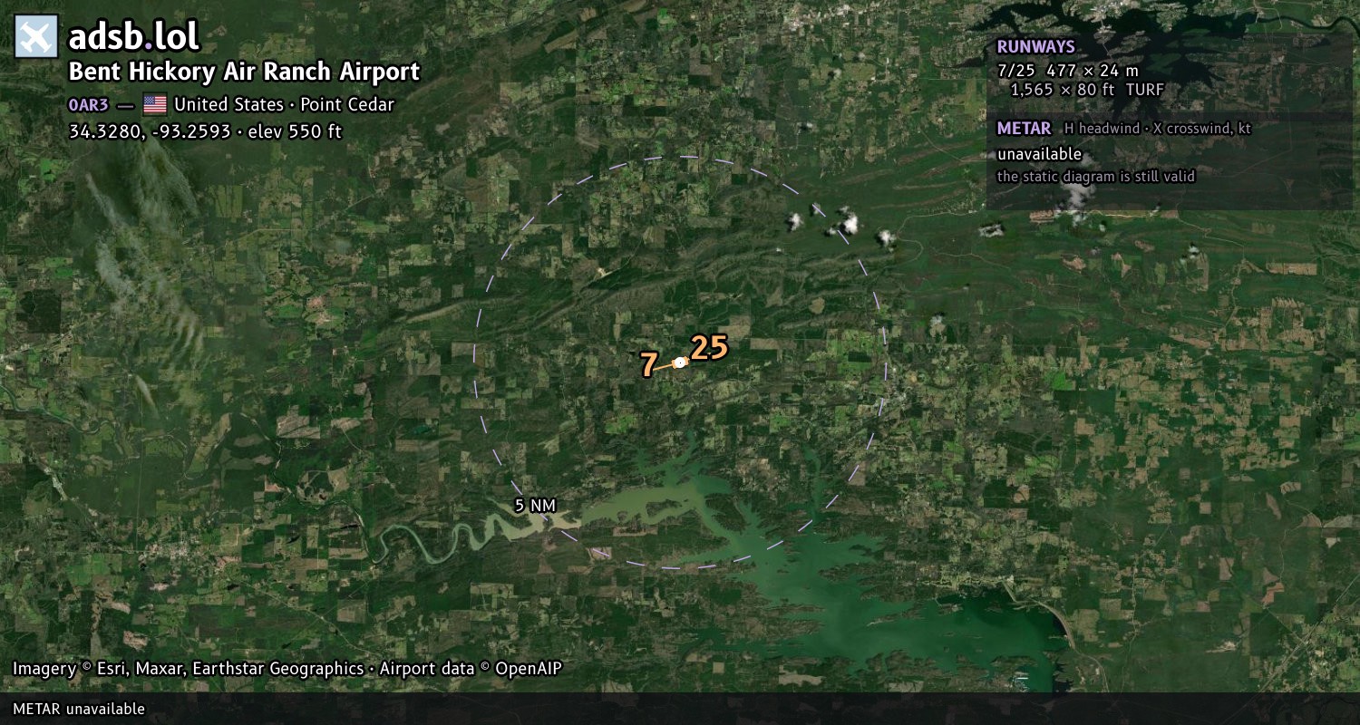 Satellite map with the runway layout of Bent Hickory Air Ranch Airport (0AR3)