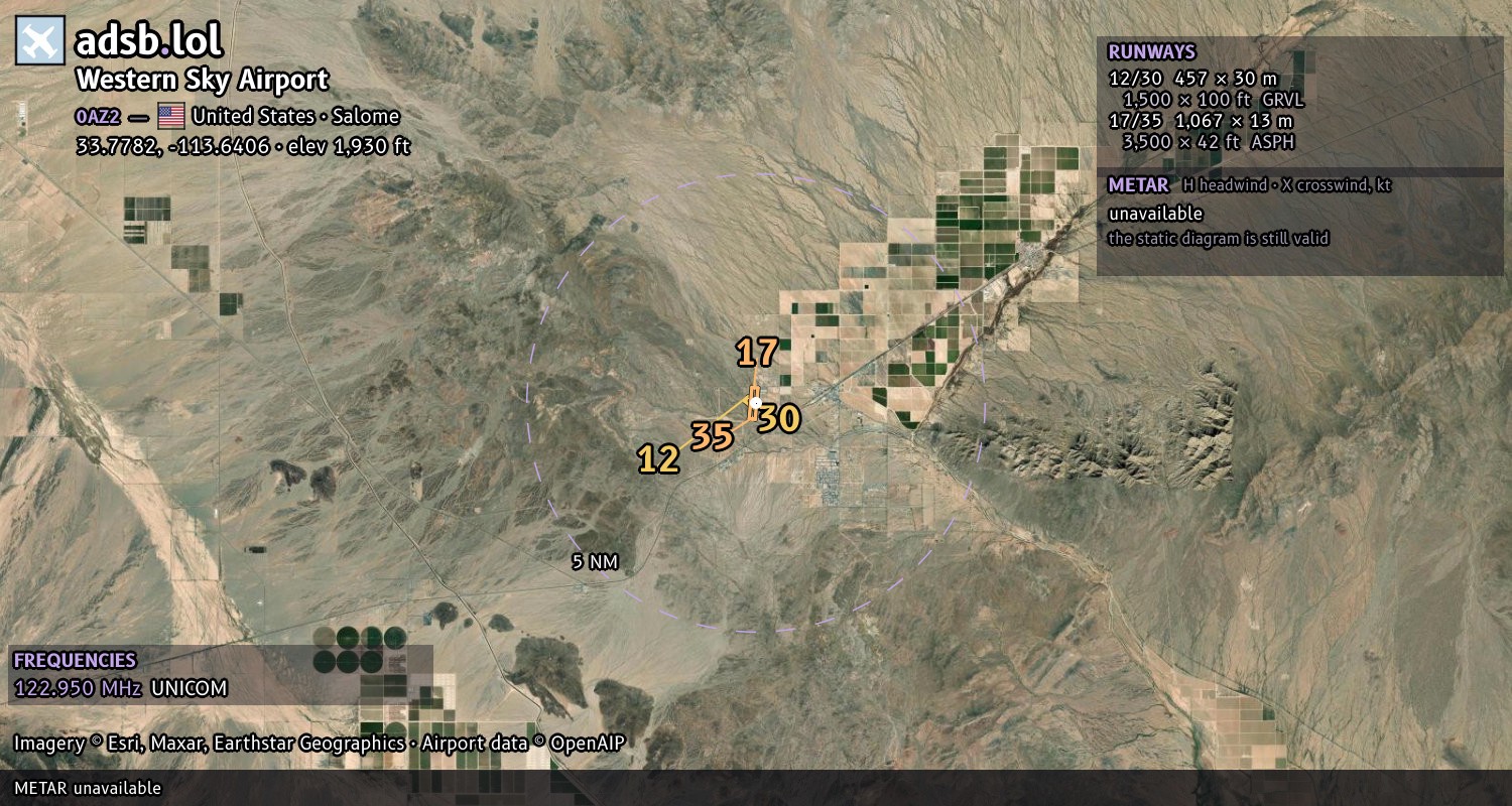 Satellite map with the runway layout of Western Sky Airport (0AZ2)