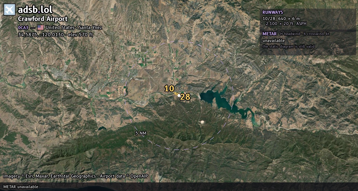 Satellite map with the runway layout of Crawford Airport (0CA3)