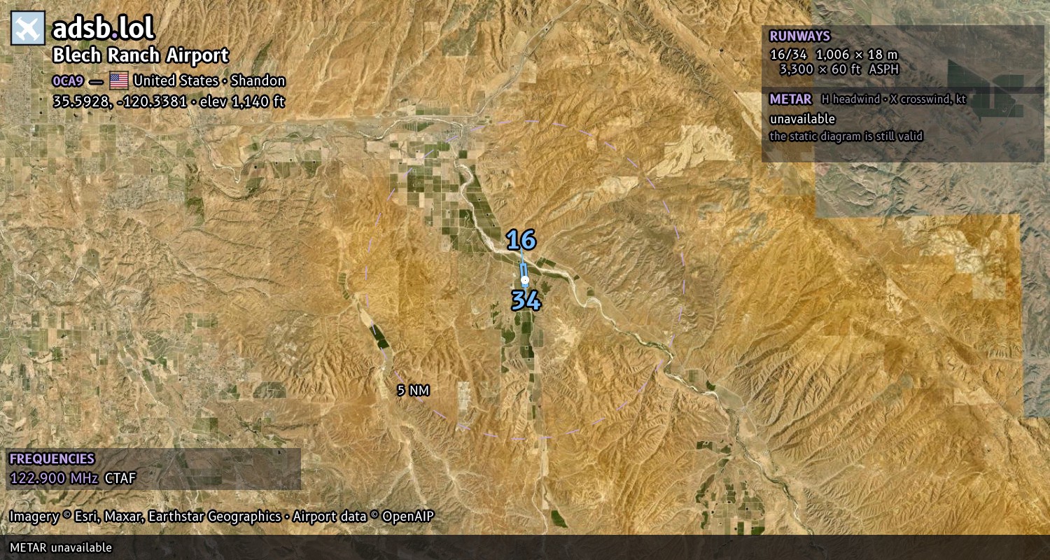Satellite map with the runway layout of Blech Ranch Airport (0CA9)