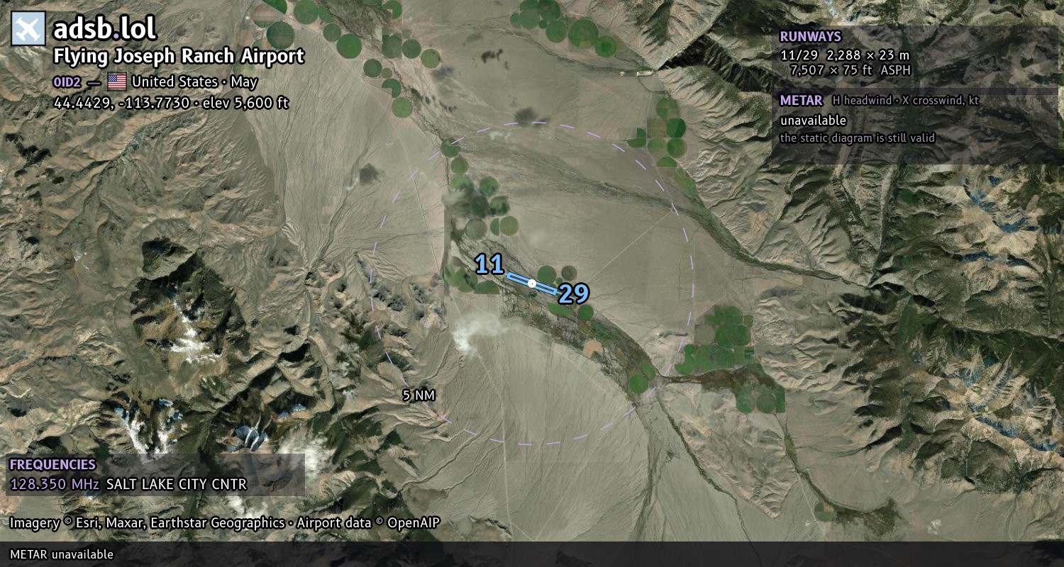 Satellite map with the runway layout of Flying Joseph Ranch Airport (0ID2)