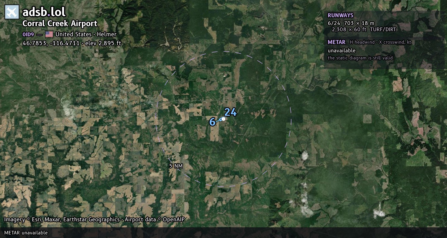 Satellite map with the runway layout of Corral Creek Airport (0ID9)