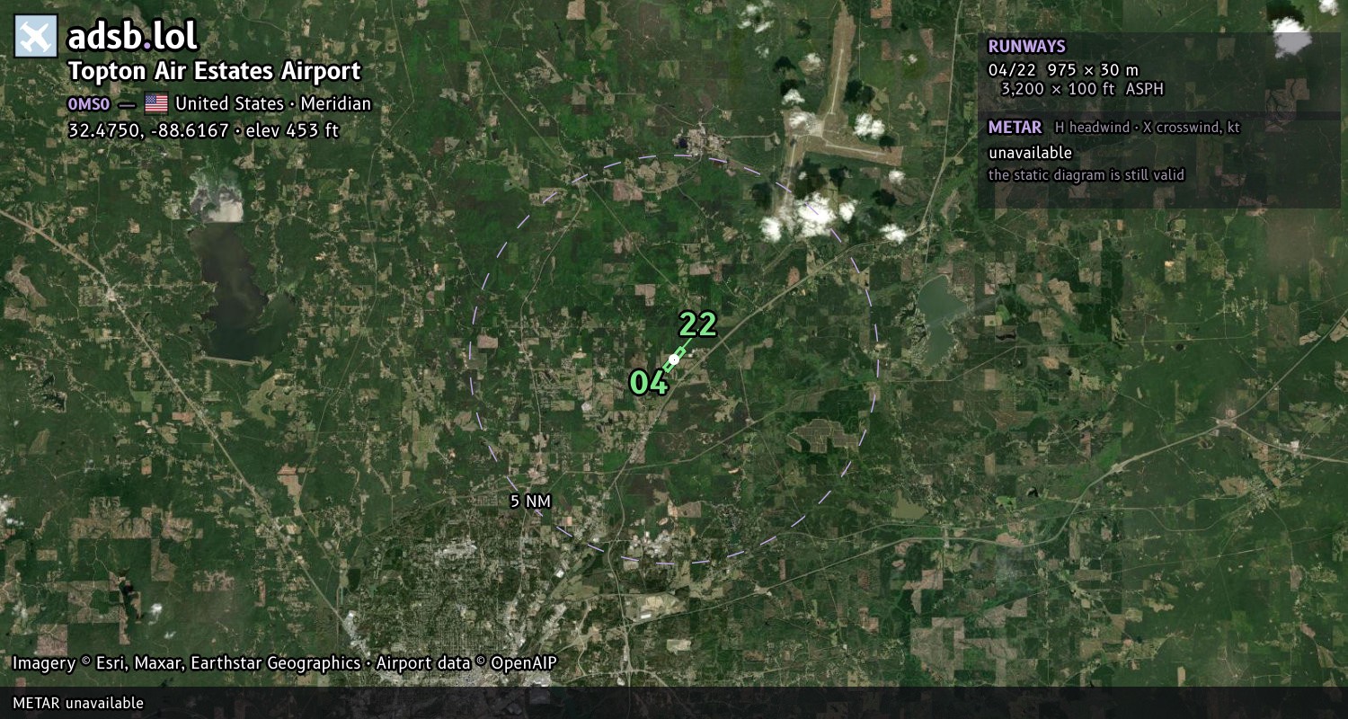 Satellite map with the runway layout of Topton Air Estates Airport (0MS0)