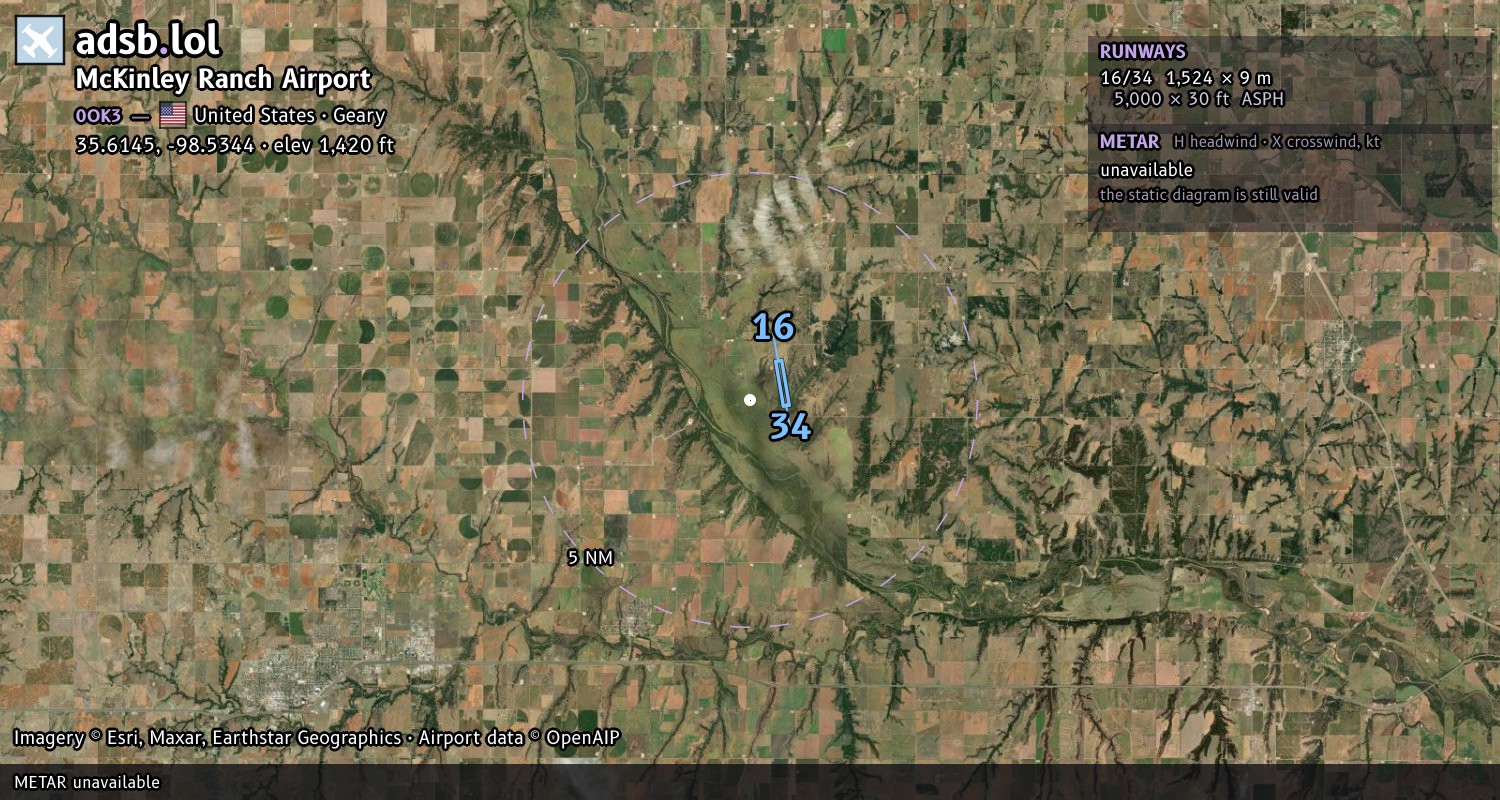 Satellite map with the runway layout of McKinley Ranch Airport (0OK3)
