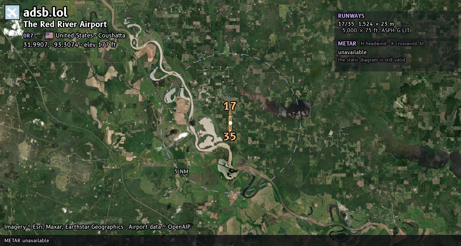 Satellite map with the runway layout of The Red River Airport (0R7)