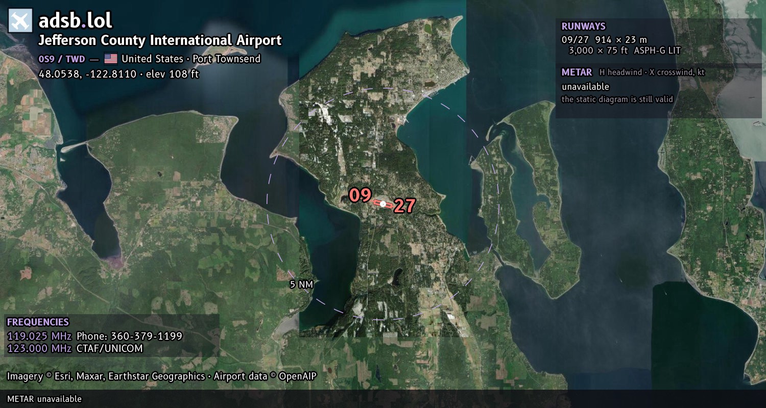 Satellite map with the runway layout of Jefferson County International Airport (0S9)
