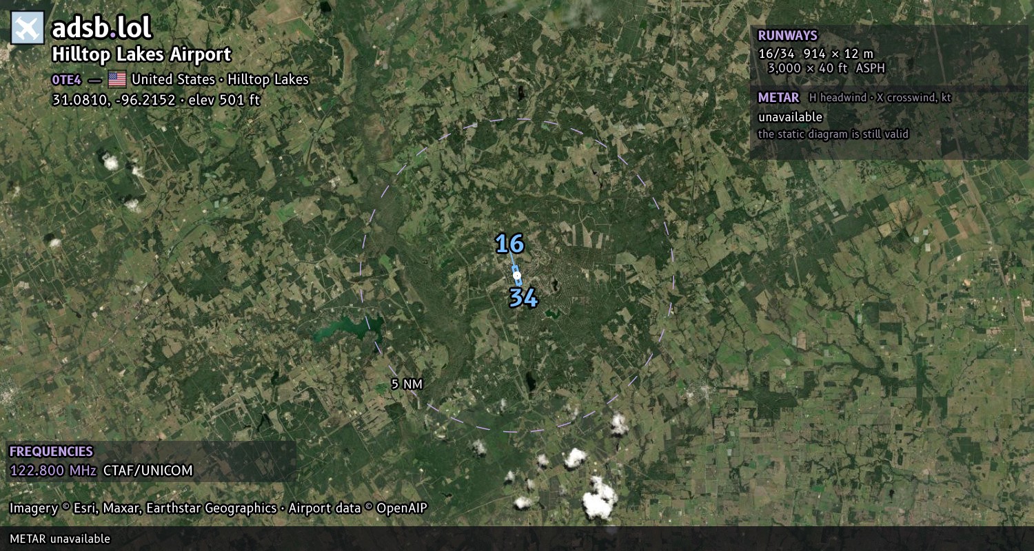 Satellite map with the runway layout of Hilltop Lakes Airport (0TE4)