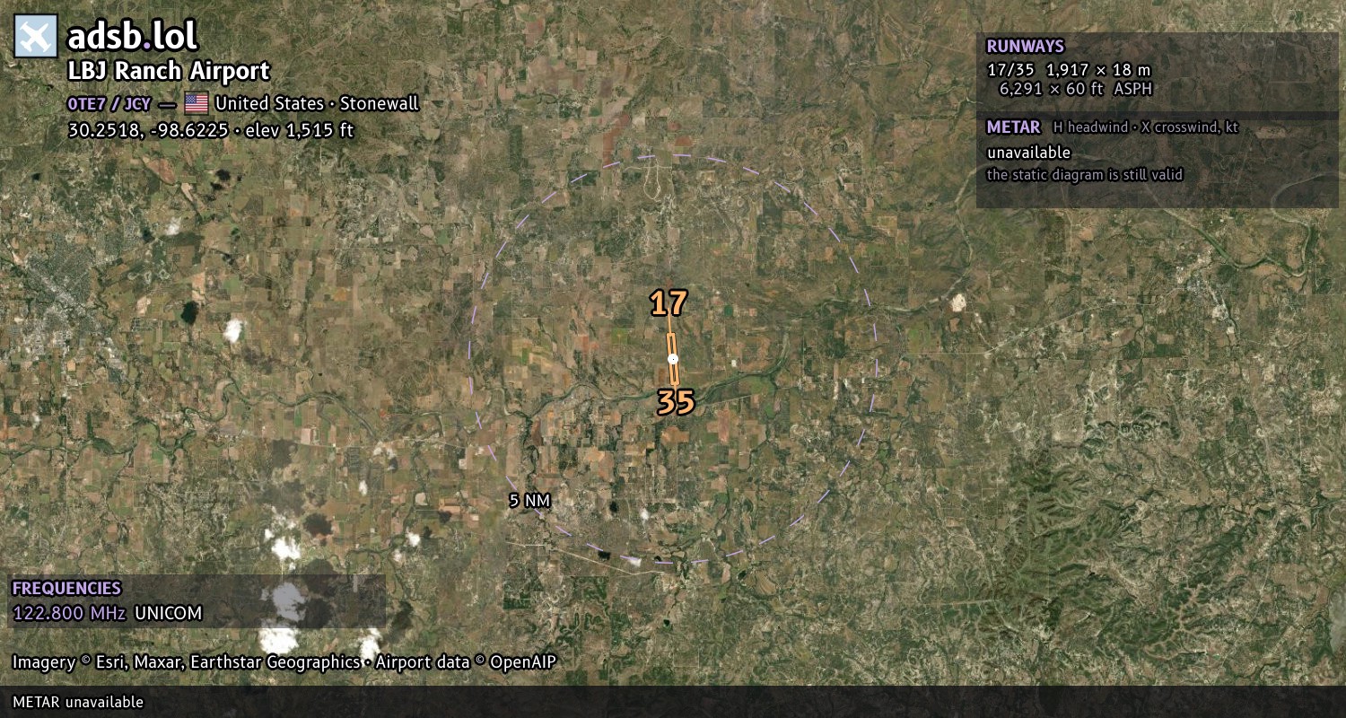 Satellite map with the runway layout of LBJ Ranch Airport (0TE7)