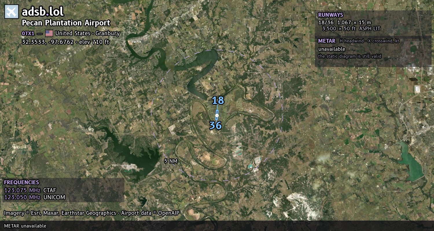 Satellite map with the runway layout of Pecan Plantation Airport (0TX1)