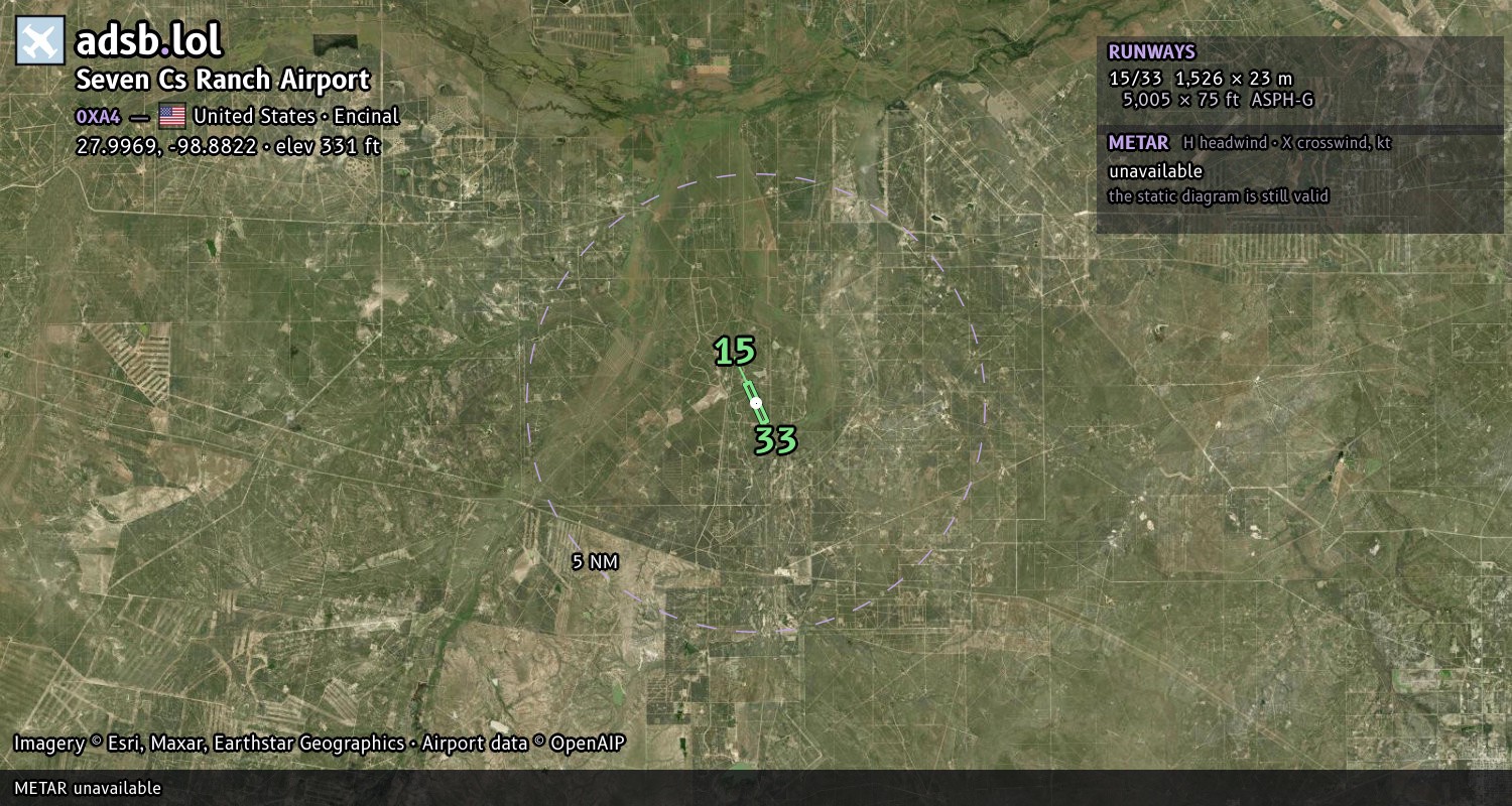 Satellite map with the runway layout of Seven Cs Ranch Airport (0XA4)