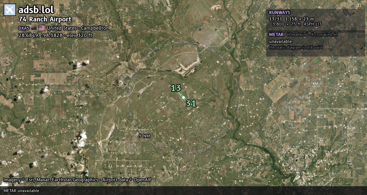 Satellite map with the runway layout of 74 Ranch Airport (0XA5)