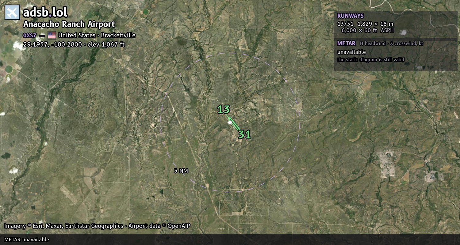 Satellite map with the runway layout of Anacacho Ranch Airport (0XS7)