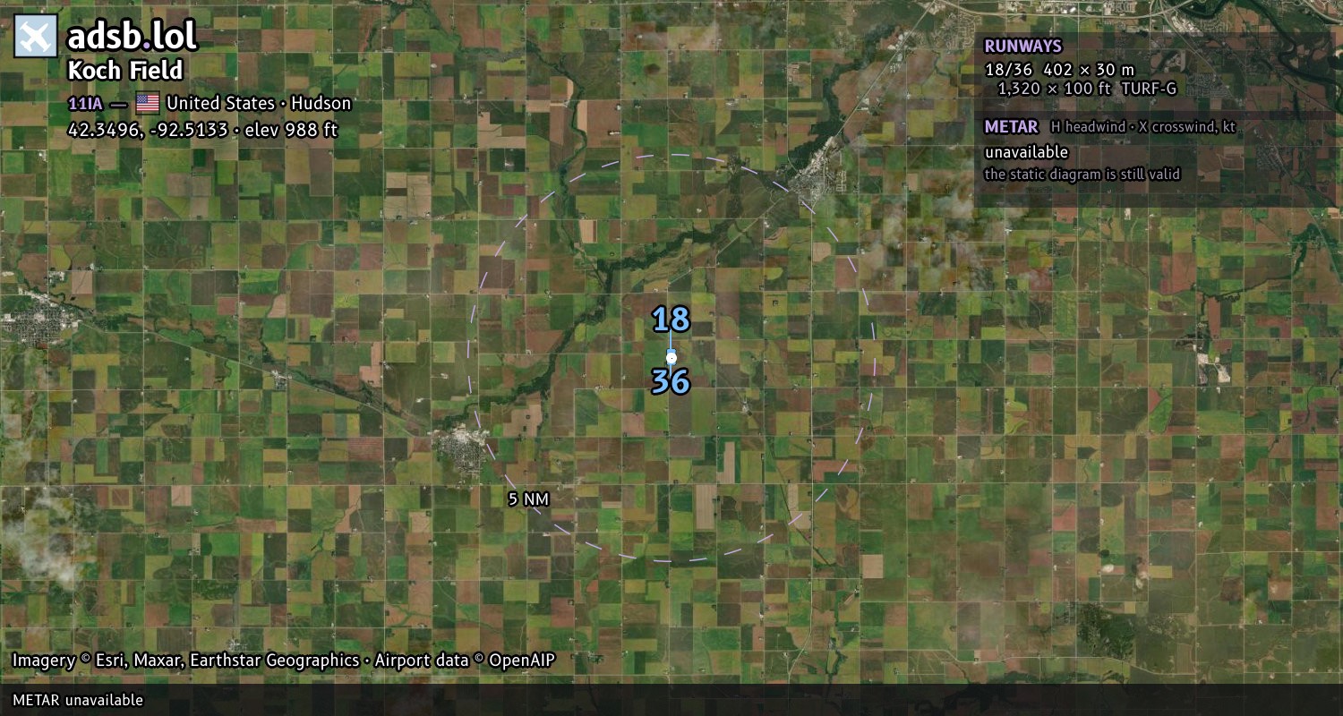 Satellite map with the runway layout of Koch Field (11IA)