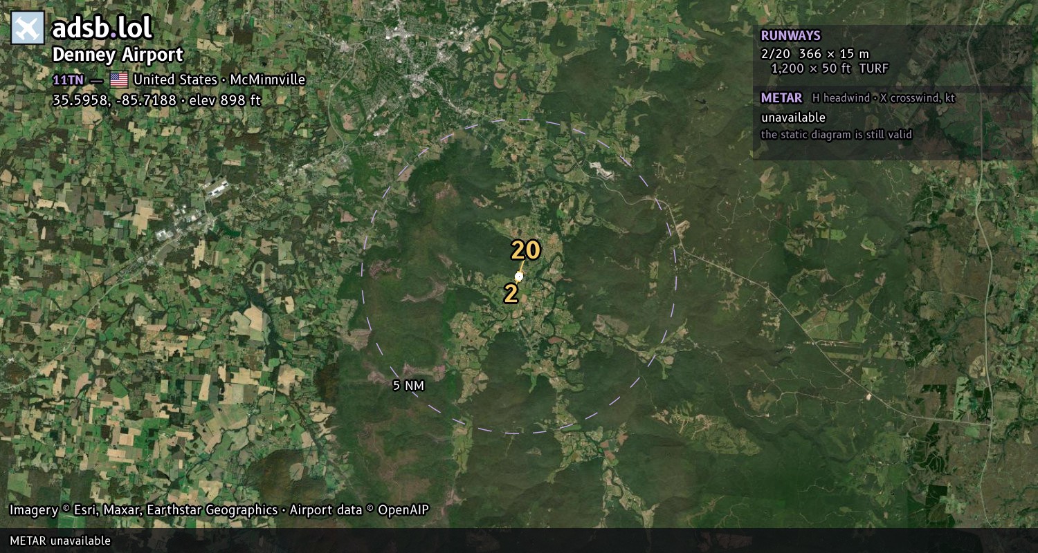 Satellite map with the runway layout of Denney Airport (11TN)