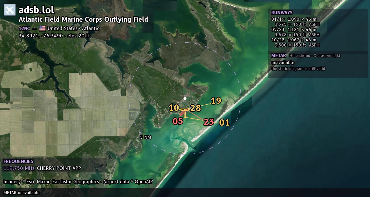 Satellite map with the runway layout of Atlantic Field Marine Corps Outlying Field (12NC)
