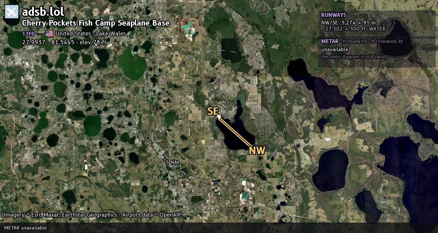 Satellite map with the runway layout of Cherry Pockets Fish Camp Seaplane Base (13FD)