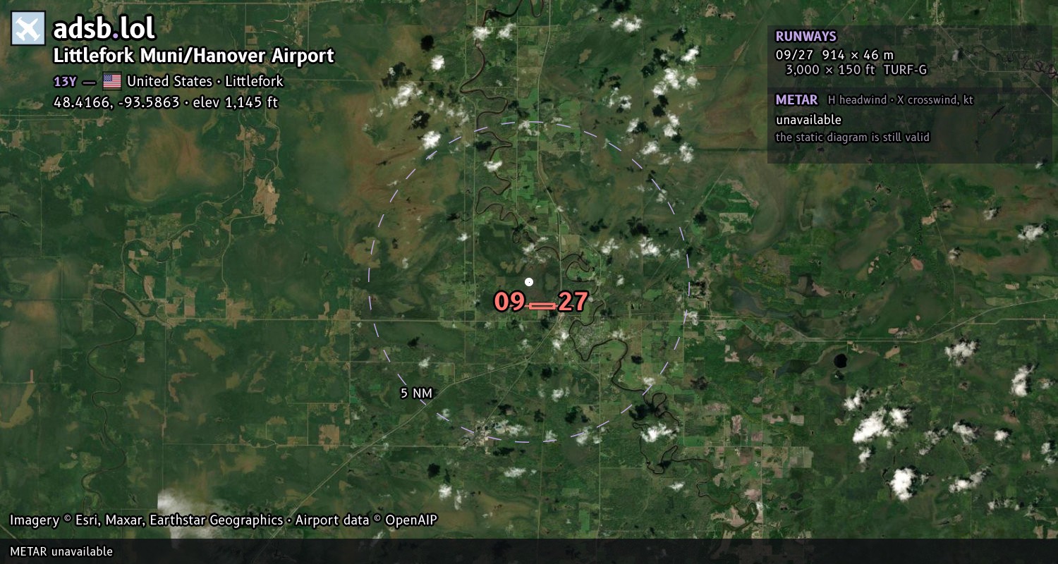 Satellite map with the runway layout of Littlefork Muni/Hanover Airport (13Y)