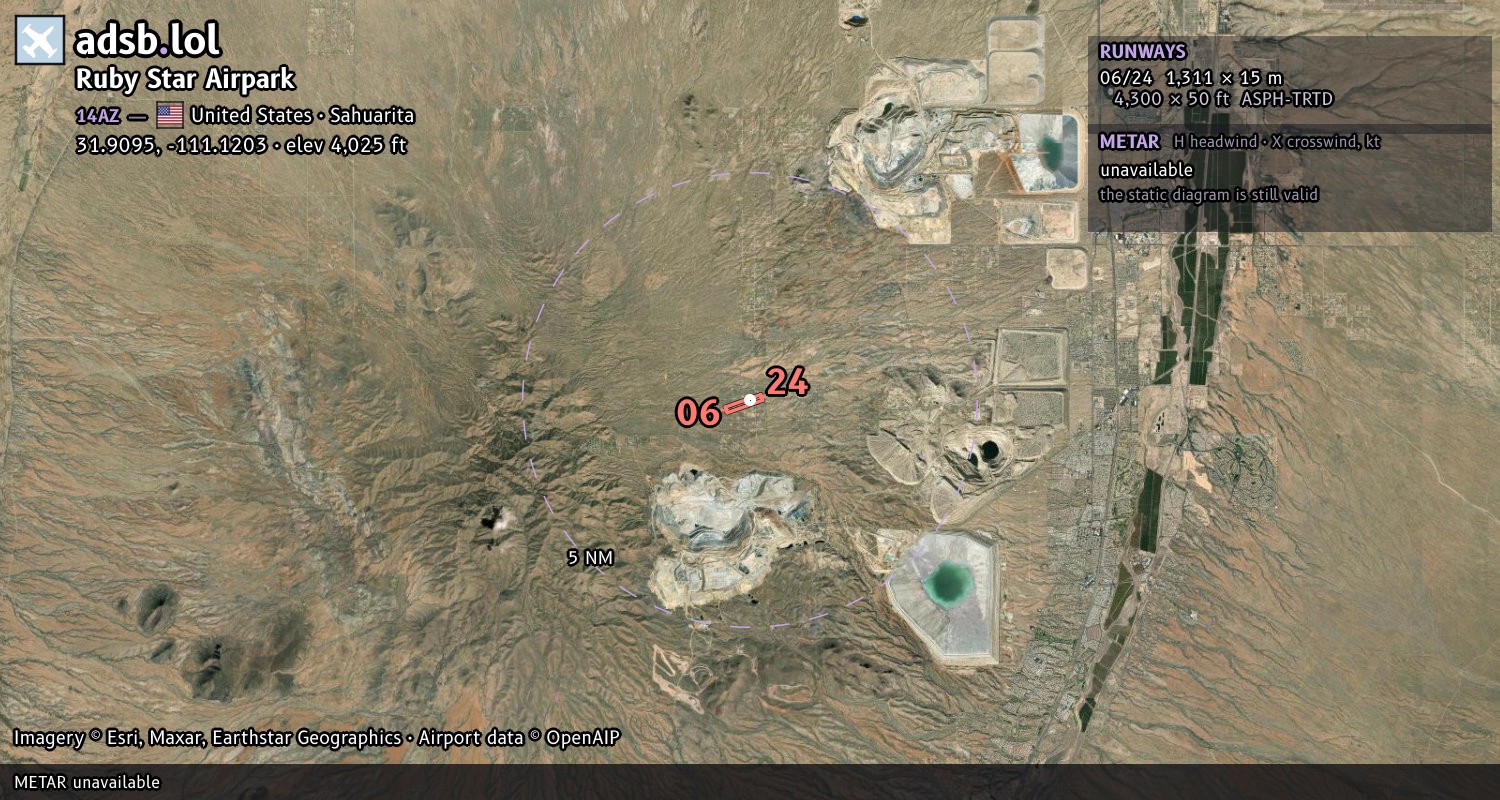 Satellite map with the runway layout of Ruby Star Airpark (14AZ)