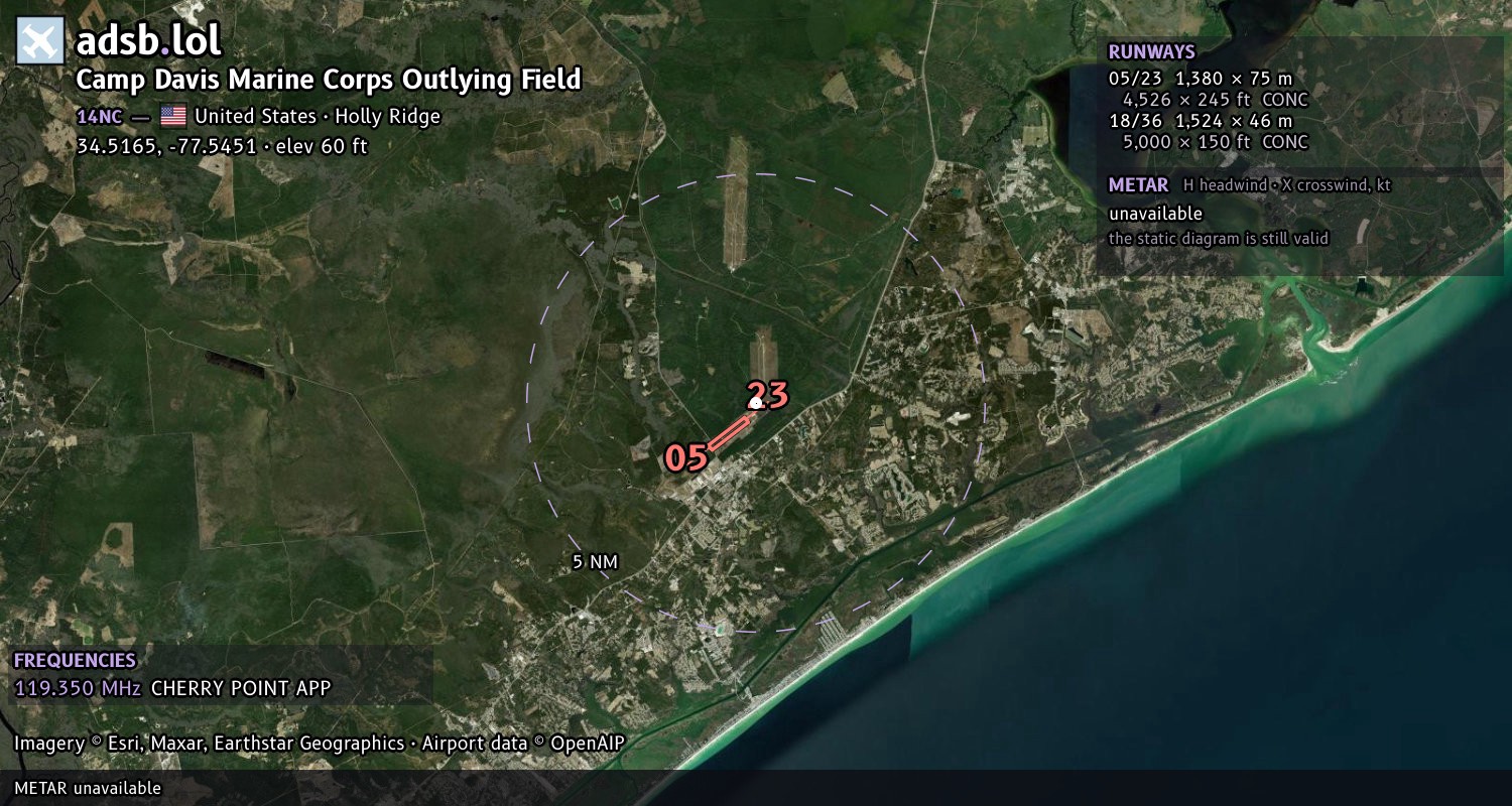 Satellite map with the runway layout of Camp Davis Marine Corps Outlying Field (14NC)