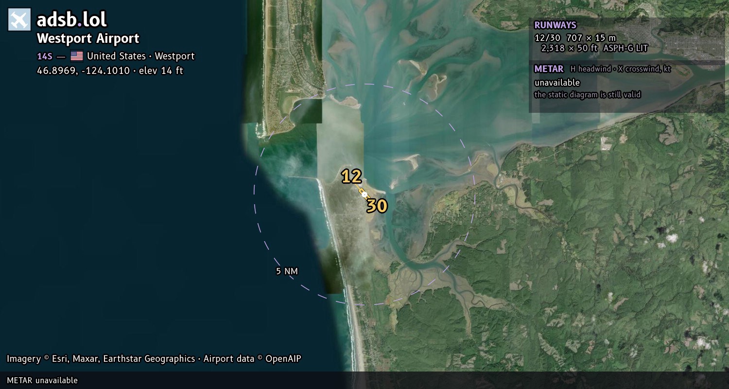Satellite map with the runway layout of Westport Airport (14S)