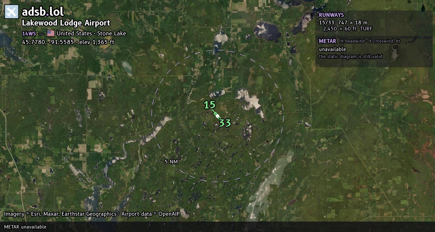 Satellite map with the runway layout of Lakewood Lodge Airport (14WS)