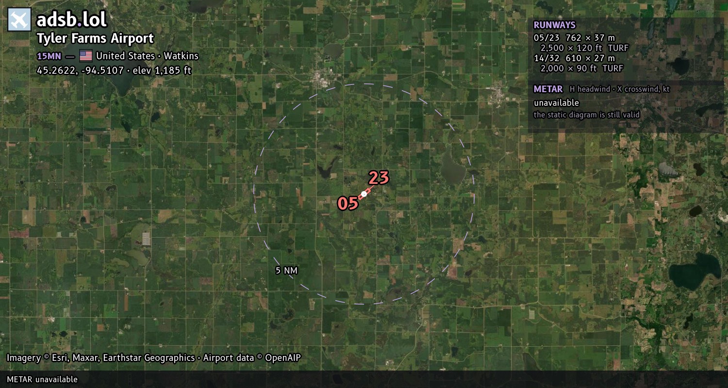 Satellite map with the runway layout of Tyler Farms Airport (15MN)