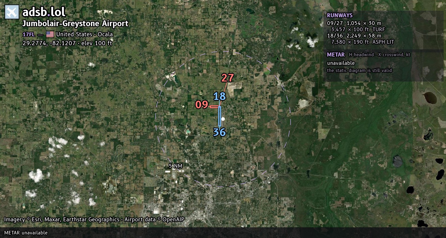 Satellite map with the runway layout of Jumbolair-Greystone Airport (17FL)