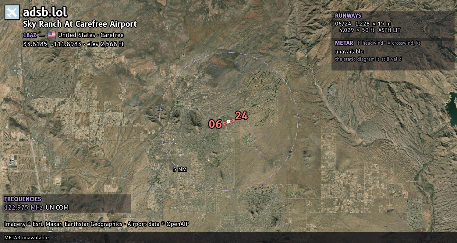 Satellite map with the runway layout of Sky Ranch At Carefree Airport (18AZ)