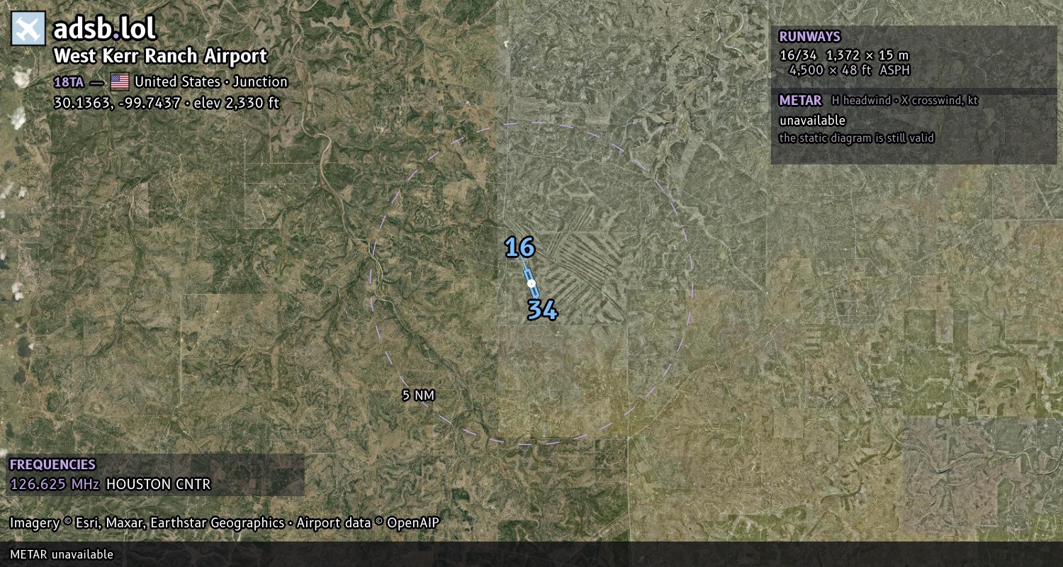 Satellite map with the runway layout of West Kerr Ranch Airport (18TA)