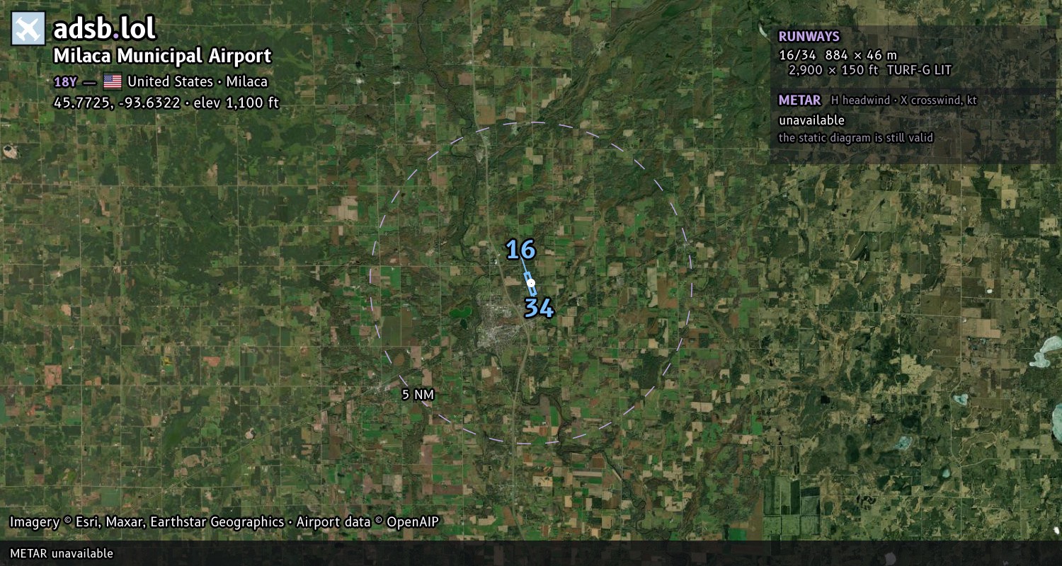 Satellite map with the runway layout of Milaca Municipal Airport (18Y)