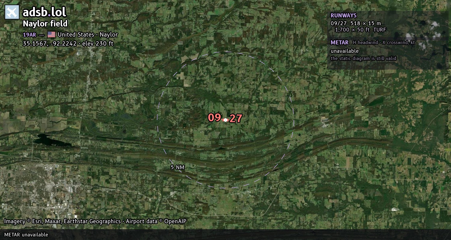 Satellite map with the runway layout of Naylor field (19AR)