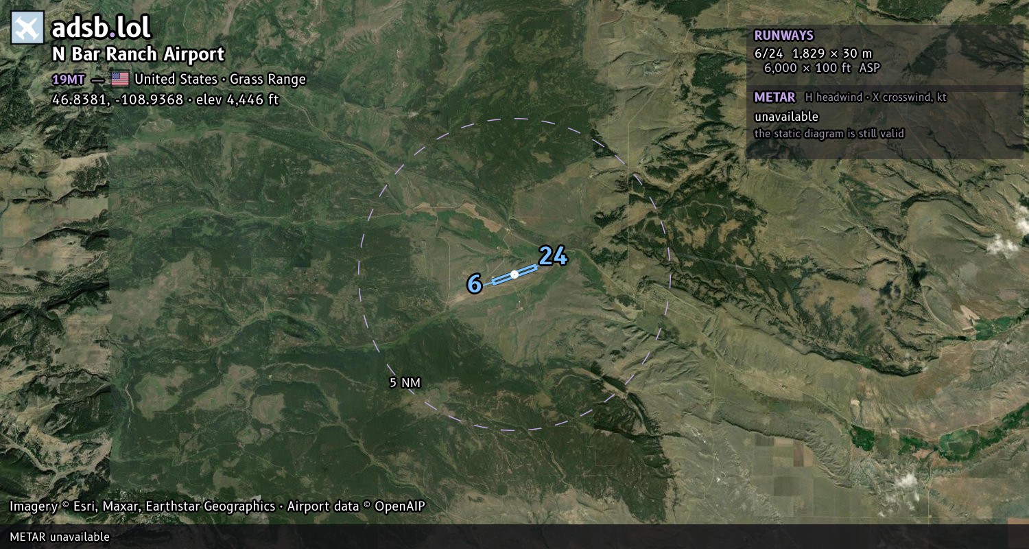 Satellite map with the runway layout of N Bar Ranch Airport (19MT)