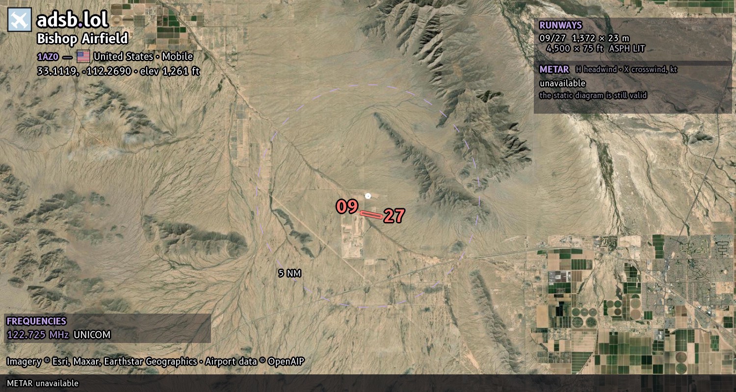 Satellite map with the runway layout of Bishop Airfield (1AZ0)
