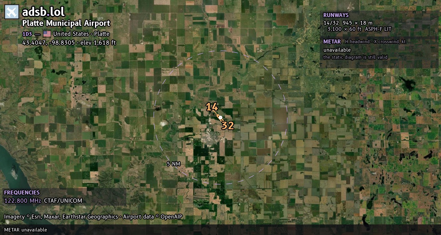 Satellite map with the runway layout of Platte Municipal Airport (1D3)