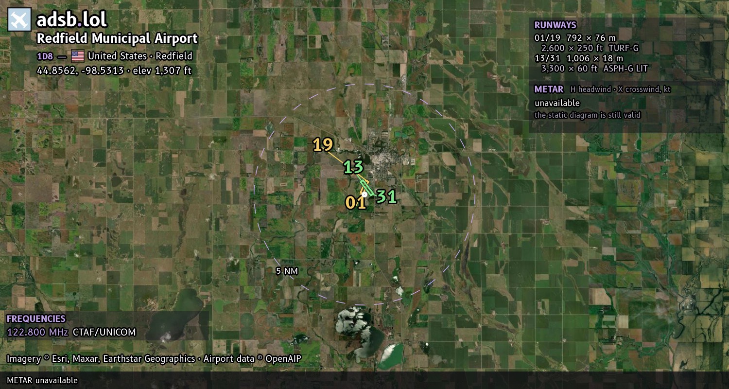 Satellite map with the runway layout of Redfield Municipal Airport (1D8)